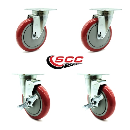 Service Caster Universal Kitchen Casters - 5" Red Wheel - 2 Swivel 2 w/Brakes SCC-20S514-PPUB-RED-TPU1-2-TLB-2